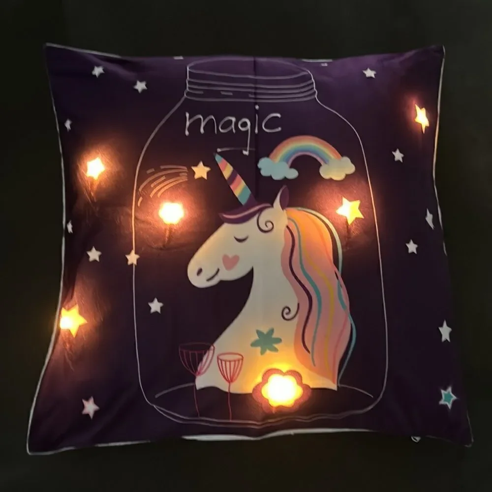 Light Up LED Decorative Unicorn Pillow Case & Flowers Pillow Case 18”x18” NEW